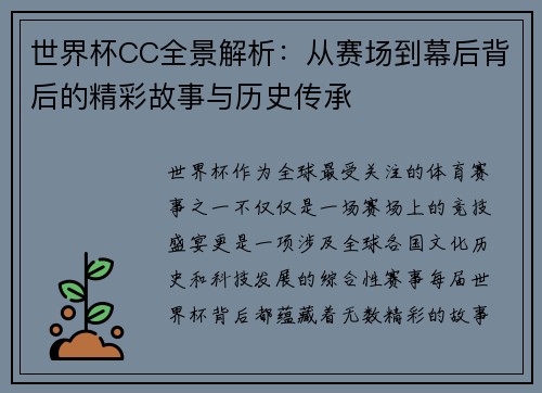 世界杯CC全景解析：从赛场到幕后背后的精彩故事与历史传承